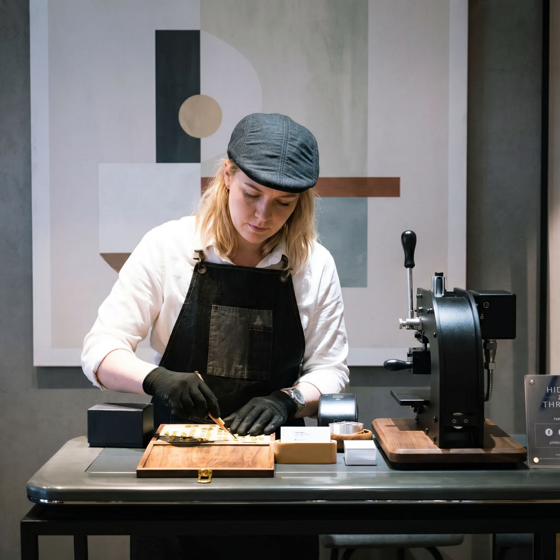 Artisan operating hot foil stamping machine at event